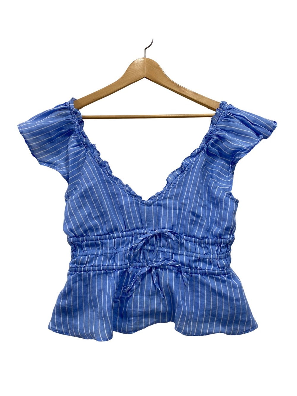 J. Crew Blue & White Striped Ruched Ramie Tank Top Women’s Medium V-Neck Blouse
